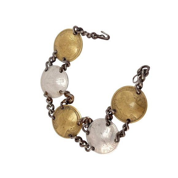 WWII Sweetheart Bracelet French Coin Bracelet With Brass Silver Coins Chain Link - Picture 3 of 7